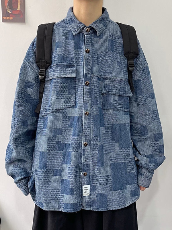 Blusa de manga larga a cuadros desgastada vintage para hombre-1