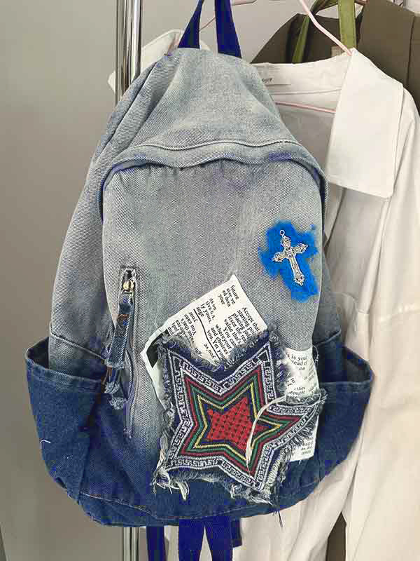 Mochila con decoración de bordado degradado de mezclilla-2