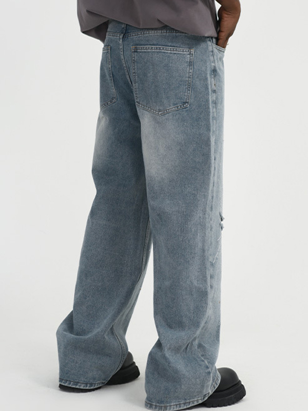 Vaqueros de pierna recta rasgados con estampado de diamantes de imitación de fuegos artificiales para hombre-2