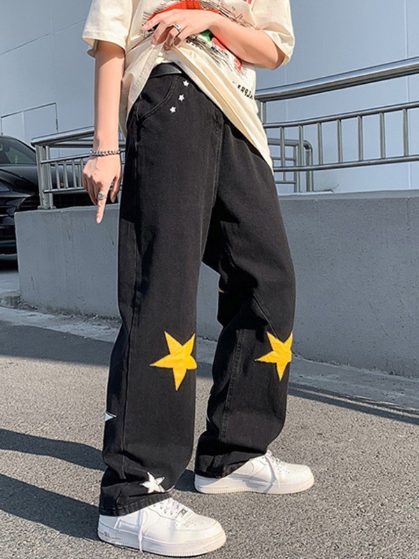 Jeans sueltos con estampado de estrellas y parches para hombre-1