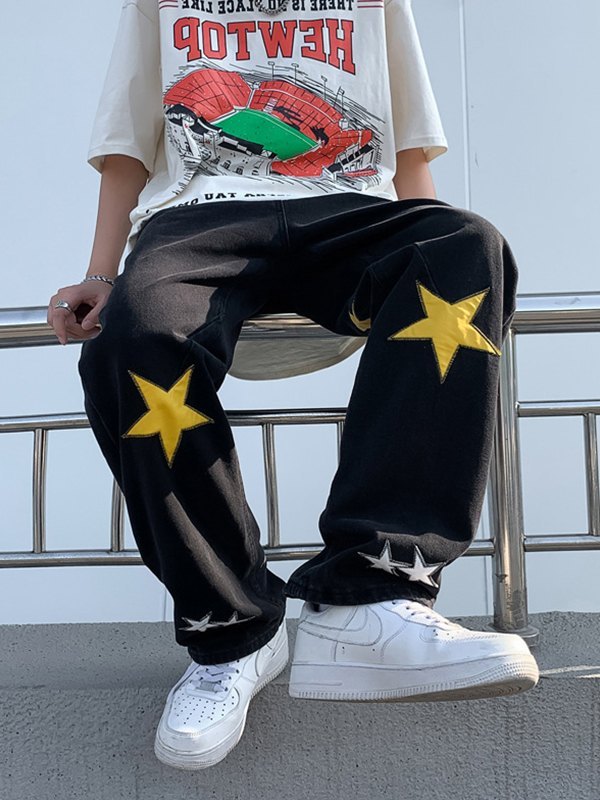 Jeans sueltos con estampado de estrellas y parches para hombre-3