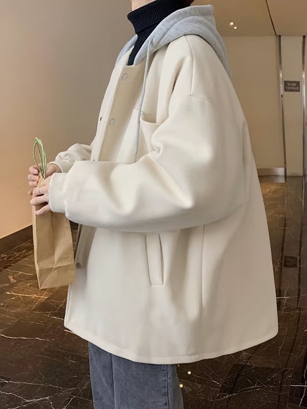 Chaqueta con capucha de mezcla de lana de patchwork para hombre-4