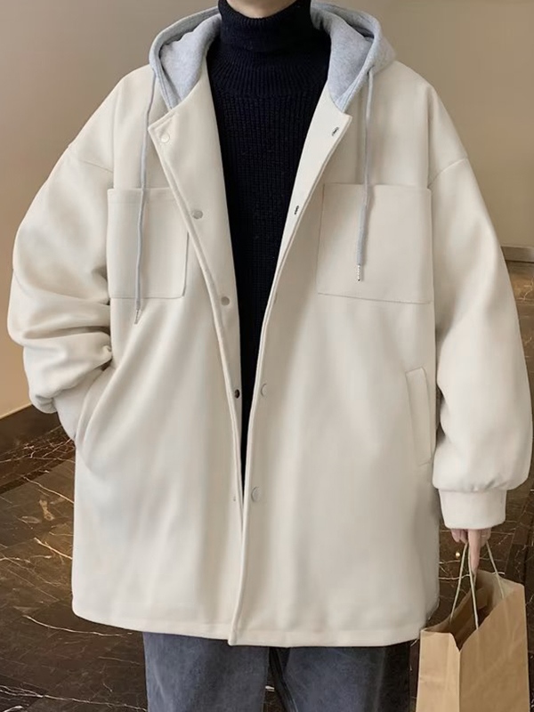 Chaqueta con capucha de mezcla de lana de patchwork para hombre-2