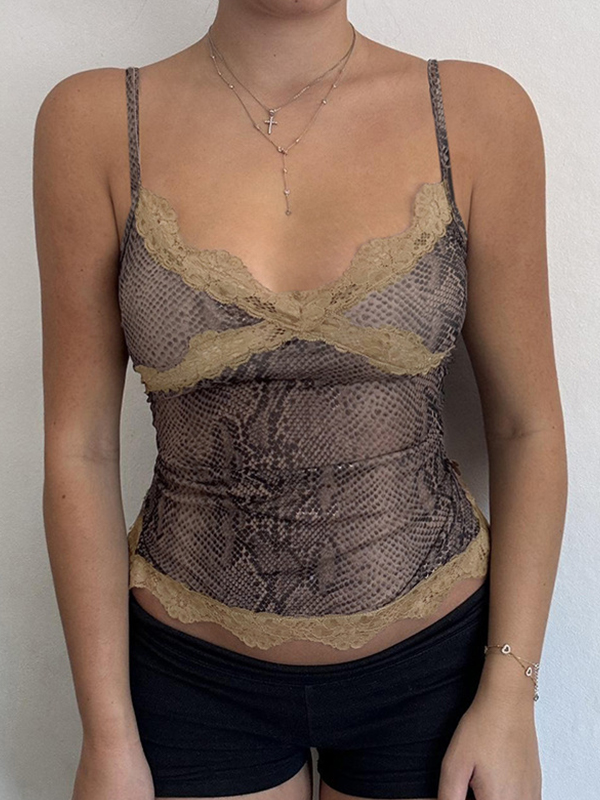 Top de tirantes con estampado de serpiente y retazos de encaje-2