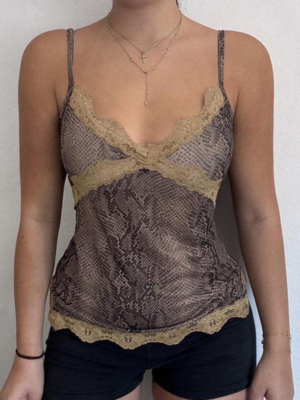 Top de tirantes con estampado de serpiente y retazos de encaje-3