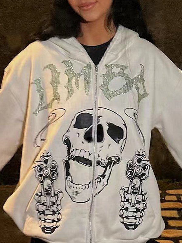 Sudadera con capucha negra con cremallera y calavera con letra de diamantes de imitación para hombre-1