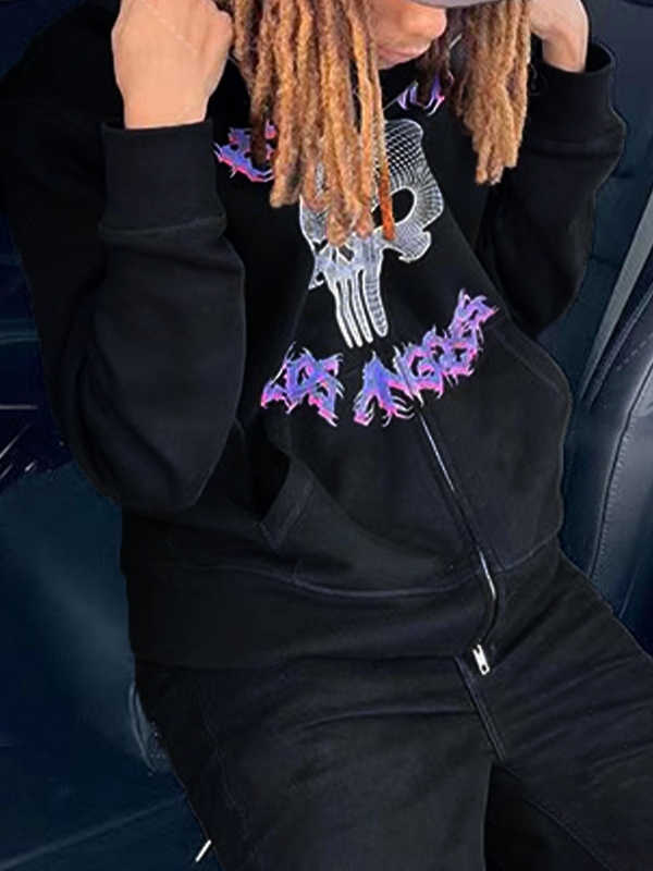 Sudadera con capucha extragrande con estampado de calavera de rock para hombre-1