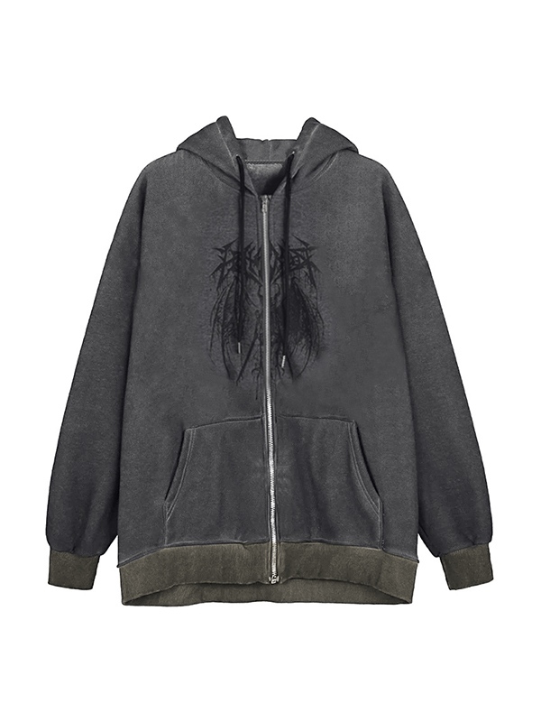 Sudadera extragrande con capucha y cremallera con cordón y estampado de demonio para hombre-1