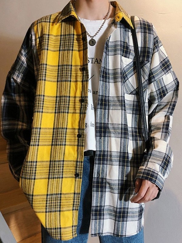 Camisa de manga larga a cuadros con bloques de color para hombre-4