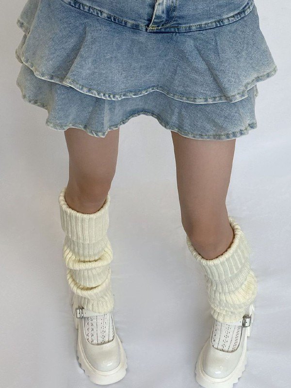 Calentador de piernas de punto acanalado de color sólido cálido-4