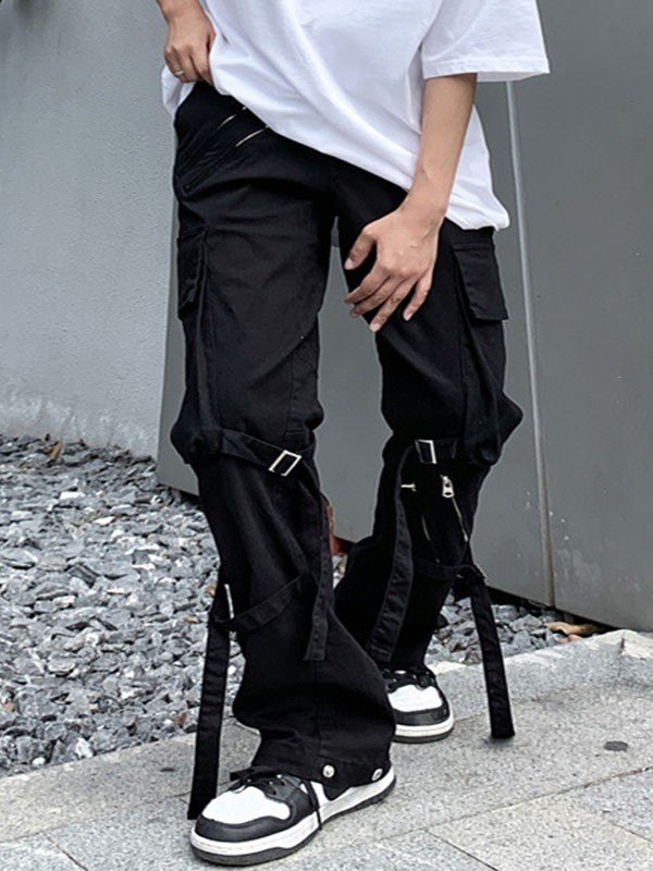 Pantalones cargo negros con correa de metal para hombre-2