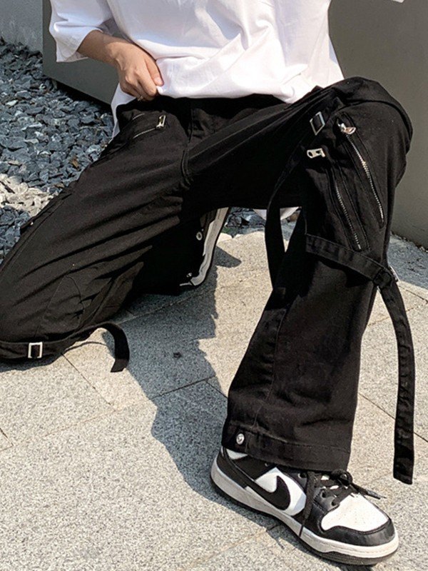 Pantalones cargo negros con correa de metal para hombre-1