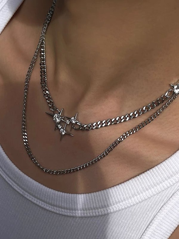 Collar con colgante de estrella de diamantes de imitación de cadena de doble capa-2