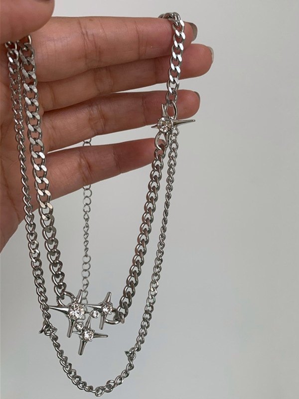 Collar con colgante de estrella de diamantes de imitación de cadena de doble capa-3