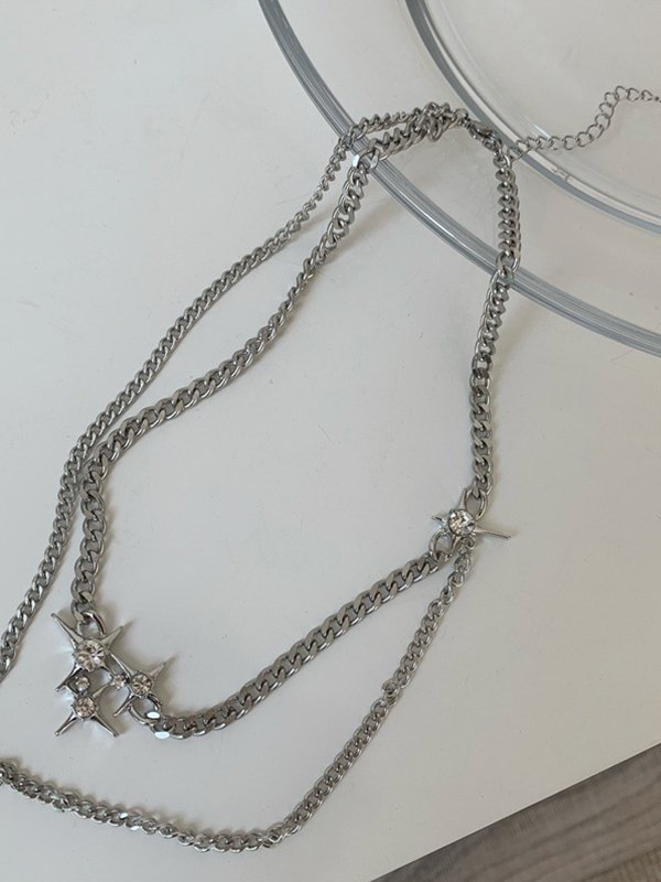 Collar con colgante de estrella de diamantes de imitación de cadena de doble capa-4