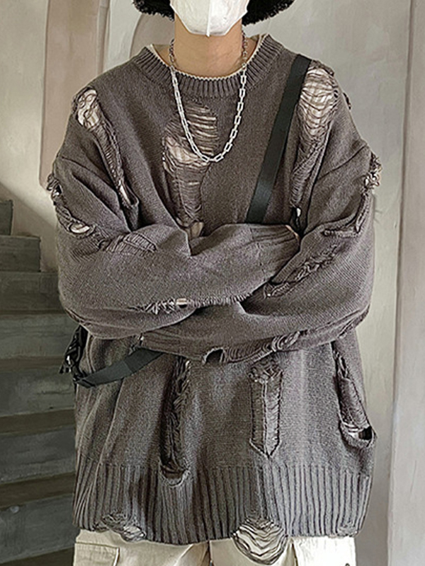 Suéter holgado reversible deshilachado para hombre-2