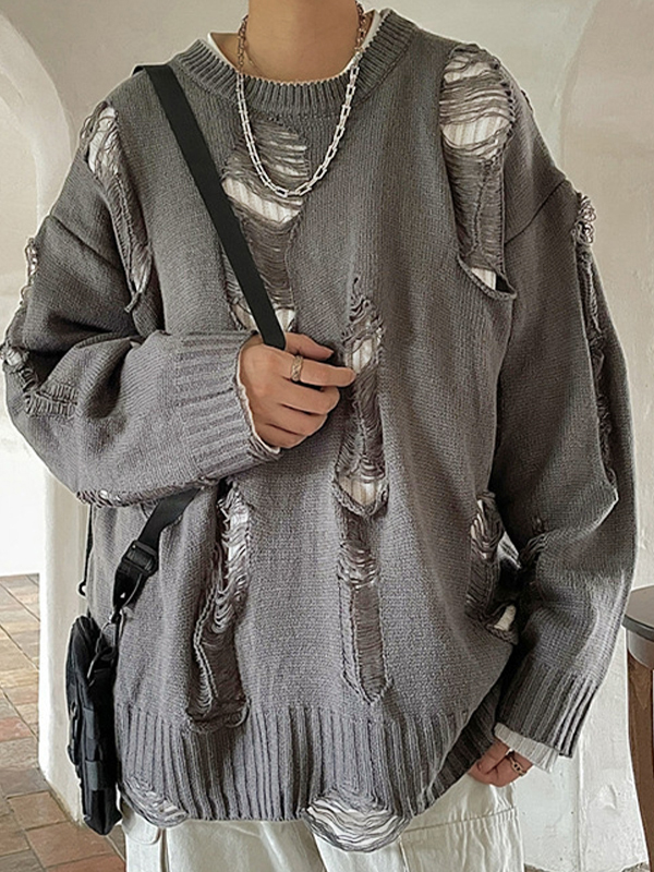 Suéter holgado reversible deshilachado para hombre-1