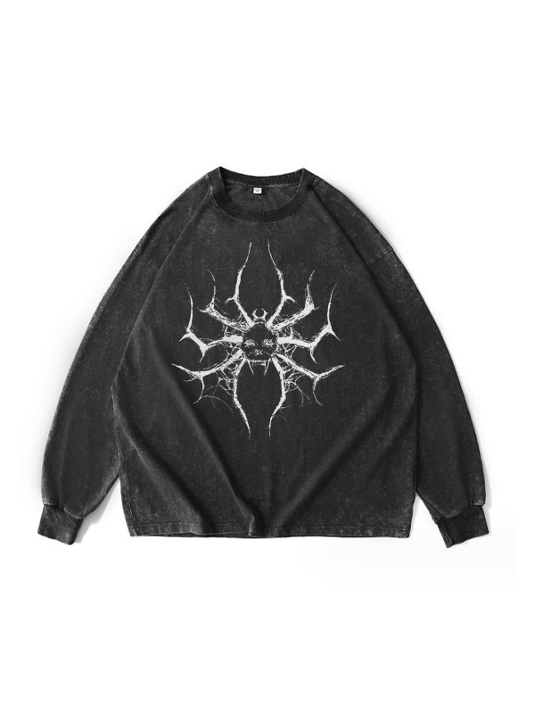 Camiseta holgada informal de manga larga negra con estampado de araña-1